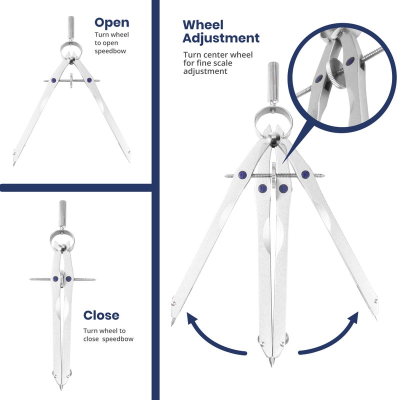 Pacific Arc Metal Professional Compass, Perfect Spring Bow Compass for Math, Geometry, or Drafting, Up to 8" Diameter Large, Comes with Lead and Lock - Image 4